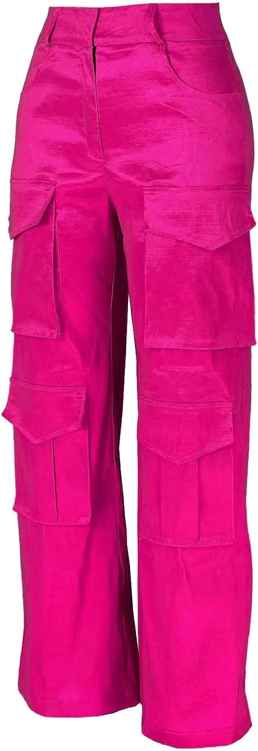 Womens Satin Cargo Pants Multi-Pocket Y2K Going Out Streetwear Casual Solid High Waist Straight Wide Leg Full Length Trousers