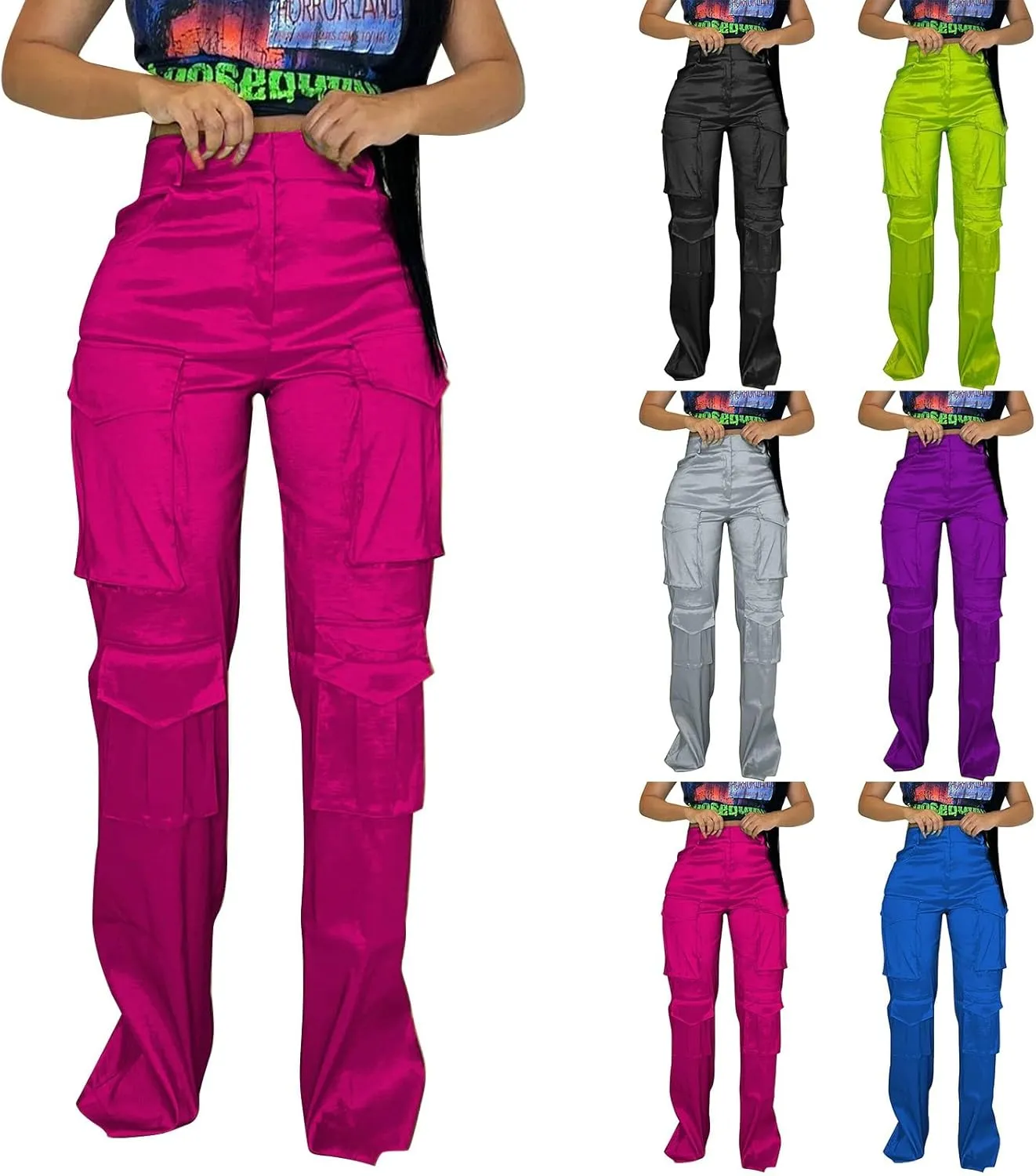 Womens Satin Cargo Pants Multi-Pocket Y2K Going Out Streetwear Casual Solid High Waist Straight Wide Leg Full Length Trousers