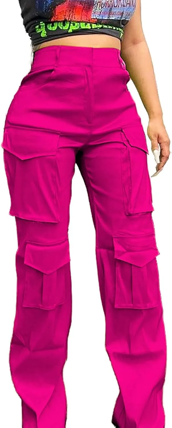 Womens Satin Cargo Pants Multi-Pocket Y2K Going Out Streetwear Casual Solid High Waist Straight Wide Leg Full Length Trousers