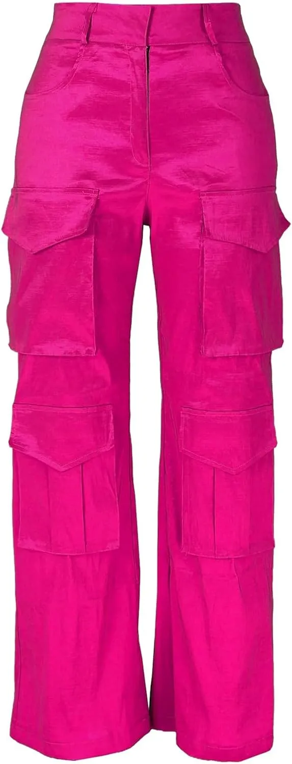 Womens Satin Cargo Pants Multi-Pocket Y2K Going Out Streetwear Casual Solid High Waist Straight Wide Leg Full Length Trousers