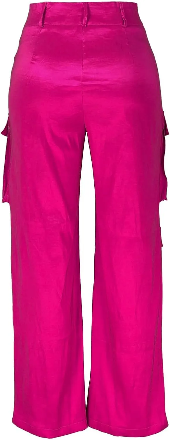 Womens Satin Cargo Pants Multi-Pocket Y2K Going Out Streetwear Casual Solid High Waist Straight Wide Leg Full Length Trousers