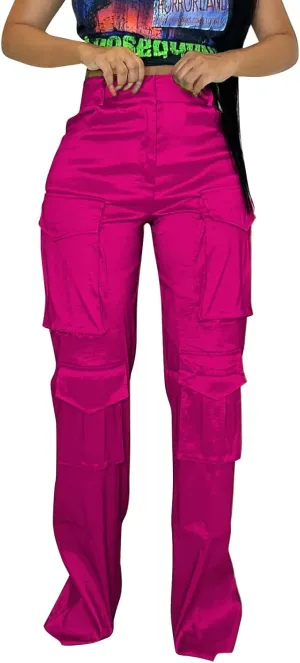 Womens Satin Cargo Pants Multi-Pocket Y2K Going Out Streetwear Casual Solid High Waist Straight Wide Leg Full Length Trousers