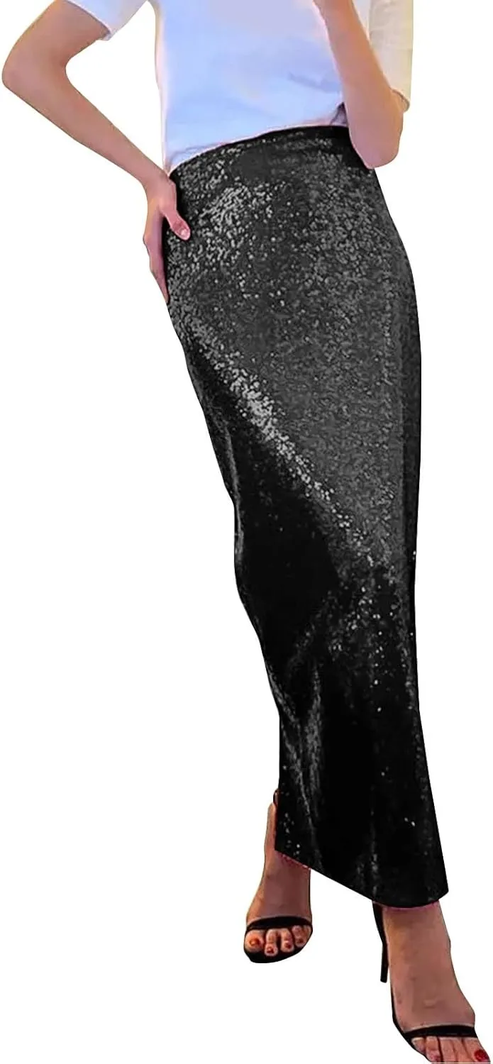 Women's Sequin Maxi Skirt Glitter Elastic High Waist Straight Leg Night Out Party Bodycon Long Skirt Party Clubwear