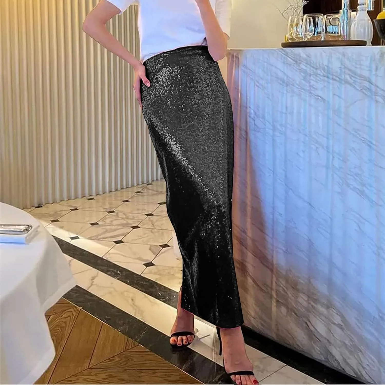 Women's Sequin Maxi Skirt Glitter Elastic High Waist Straight Leg Night Out Party Bodycon Long Skirt Party Clubwear