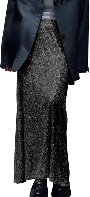 Women's Sequin Maxi Skirt Glitter Elastic High Waist Straight Leg Night Out Party Bodycon Long Skirt Party Clubwear