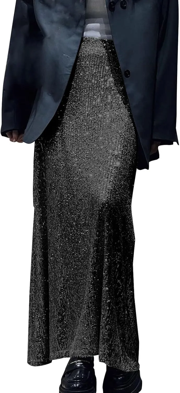 Women's Sequin Maxi Skirt Glitter Elastic High Waist Straight Leg Night Out Party Bodycon Long Skirt Party Clubwear
