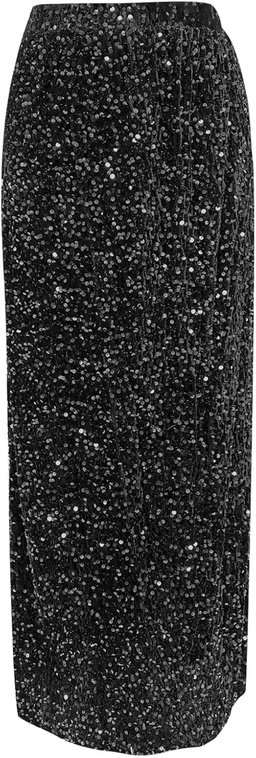 Women's Sequin Maxi Skirt Glitter Elastic High Waist Straight Leg Night Out Party Bodycon Long Skirt Party Clubwear