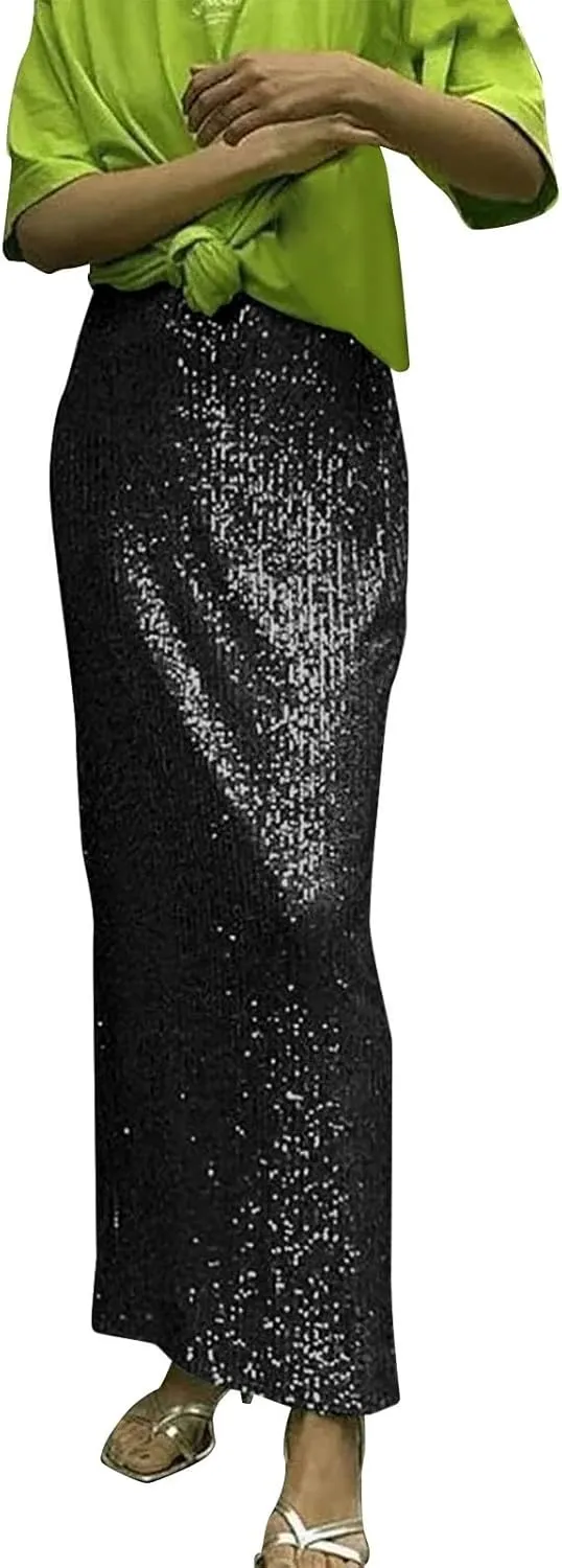 Women's Sequin Maxi Skirt Glitter Elastic High Waist Straight Leg Night Out Party Bodycon Long Skirt Party Clubwear