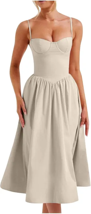 Womens Sexy Square Neck Corset Dress Sleeveless Spaghetti Strap Bustier Midi Dresses Backless Cottagecore Sundresses