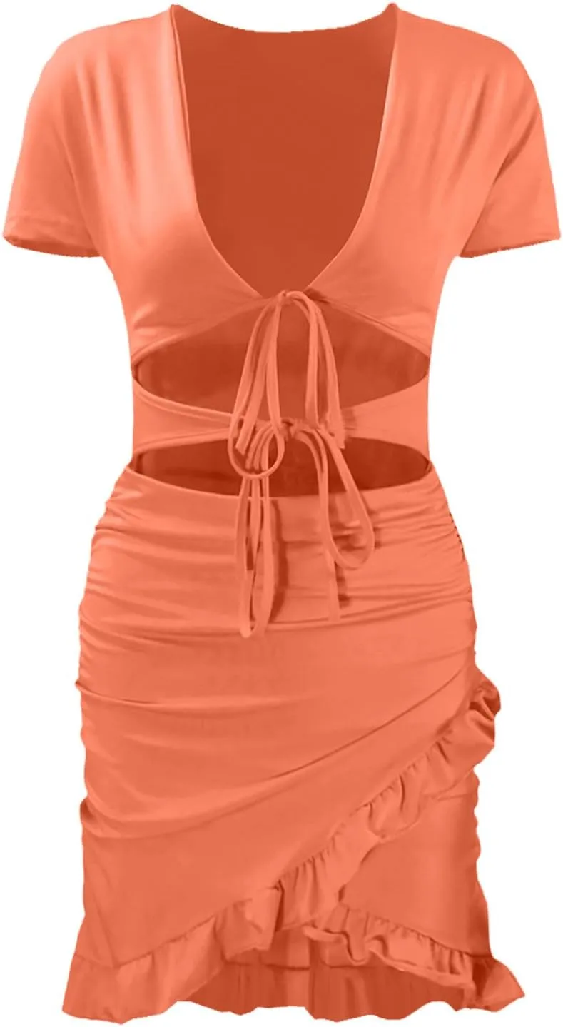 Women's Sexy Tie Up Ruched Mini Dress Bag Hip Slim Fit Layered Ruffle Hem Holow Out Front Y2k Going Out Summer Dress