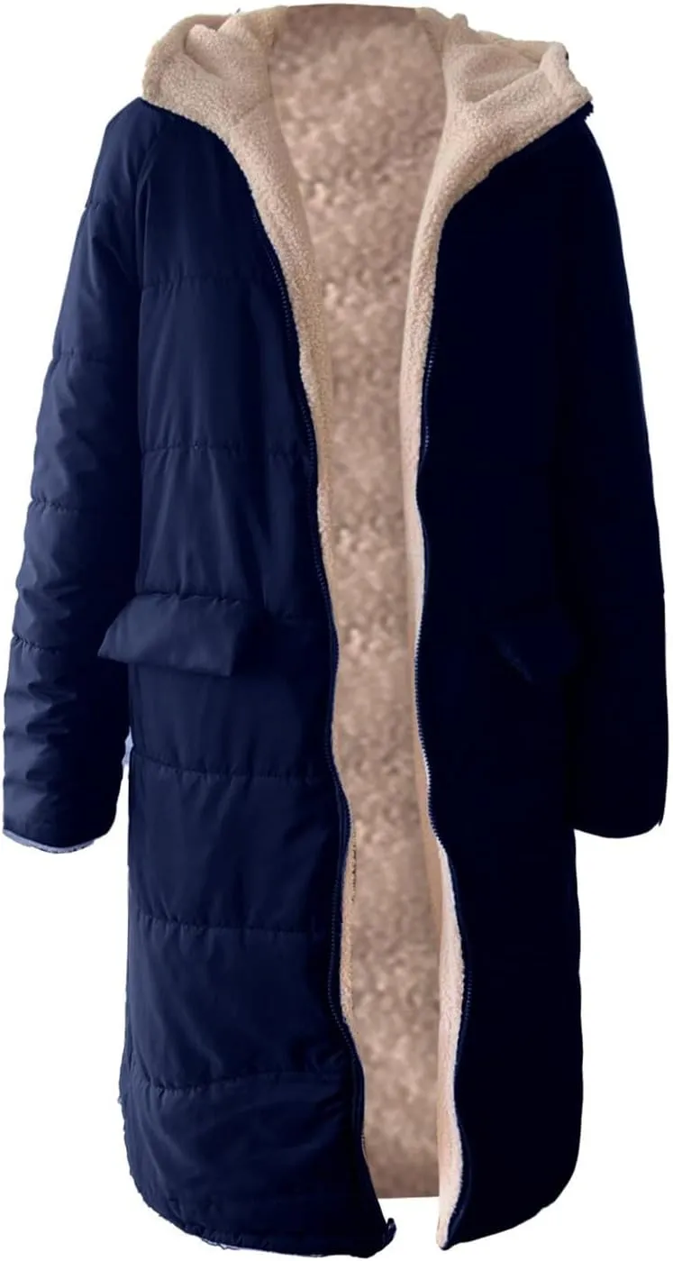 Womens Sherpa Wool Lined Puffer Jacket Double Faced Long Sleeve Hooded Down Jacket Thickened Thermal Long Overcoat