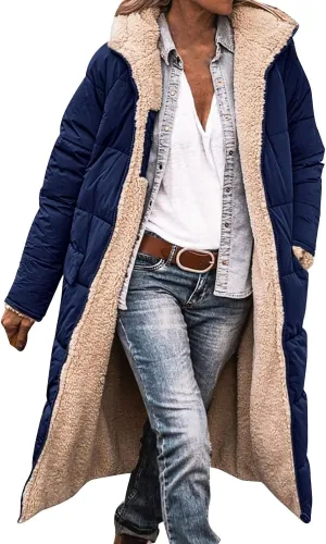 Womens Sherpa Wool Lined Puffer Jacket Double Faced Long Sleeve Hooded Down Jacket Thickened Thermal Long Overcoat