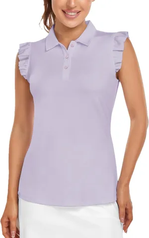 Womens Sleeveless Golf Shirt Ruffle Sleeve Polo Shirts Moisture Wicking Golf Apparel Tennis Shirts Golf Tank Tops