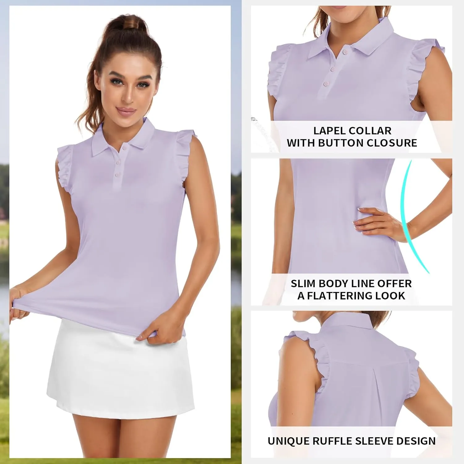 Womens Sleeveless Golf Shirt Ruffle Sleeve Polo Shirts Moisture Wicking Golf Apparel Tennis Shirts Golf Tank Tops