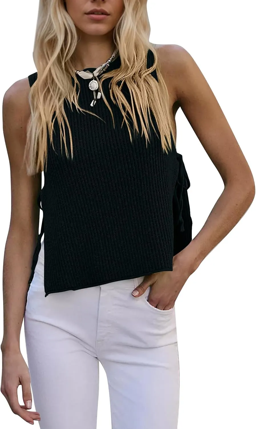 Womens Sleeveless Ribbed Knit Sweater Tank Top Split Tie Side Crew Neck Vest Shirt Beach Vacation Y2k Going Out Tops