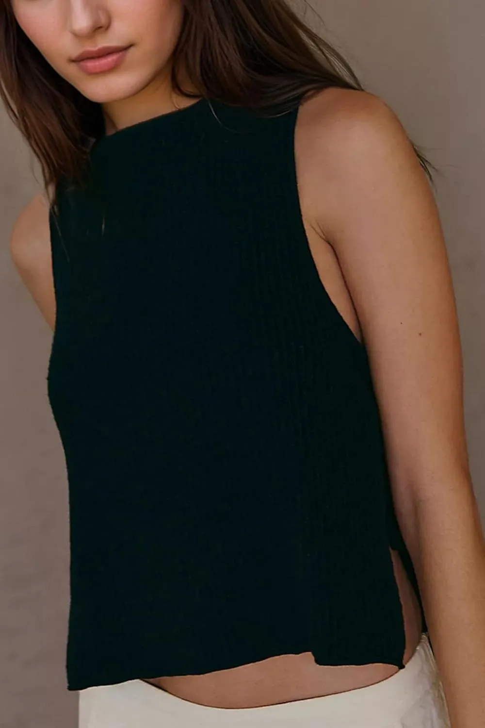 Womens Sleeveless Ribbed Knit Sweater Tank Top Split Tie Side Crew Neck Vest Shirt Beach Vacation Y2k Going Out Tops