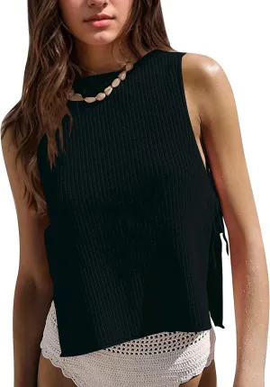 Womens Sleeveless Ribbed Knit Sweater Tank Top Split Tie Side Crew Neck Vest Shirt Beach Vacation Y2k Going Out Tops