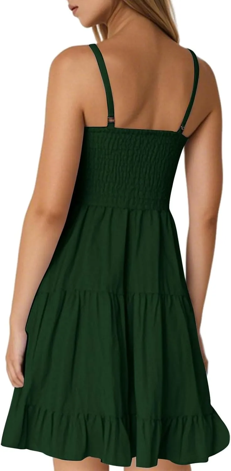 Womens Spaghetti Straps Mini Dress Sleeveless Summer V Neck Slip Dress Loose Fit Tiered Flowy Beach A Line Sundresses