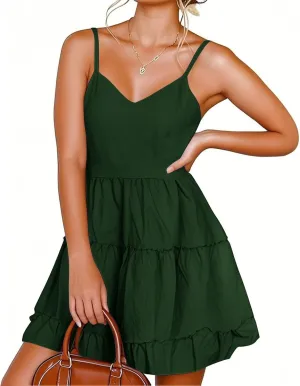 Womens Spaghetti Straps Mini Dress Sleeveless Summer V Neck Slip Dress Loose Fit Tiered Flowy Beach A Line Sundresses
