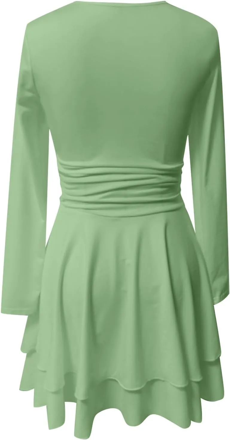 Women's Square Neck Ruffle Hem Mini Dress Long Sleeve Ruched Waist Corset Short Party Dresses Cocktail Short Dress