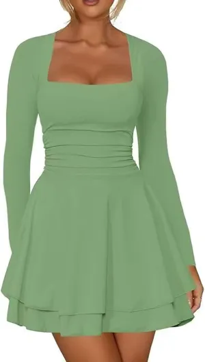 Women's Square Neck Ruffle Hem Mini Dress Long Sleeve Ruched Waist Corset Short Party Dresses Cocktail Short Dress