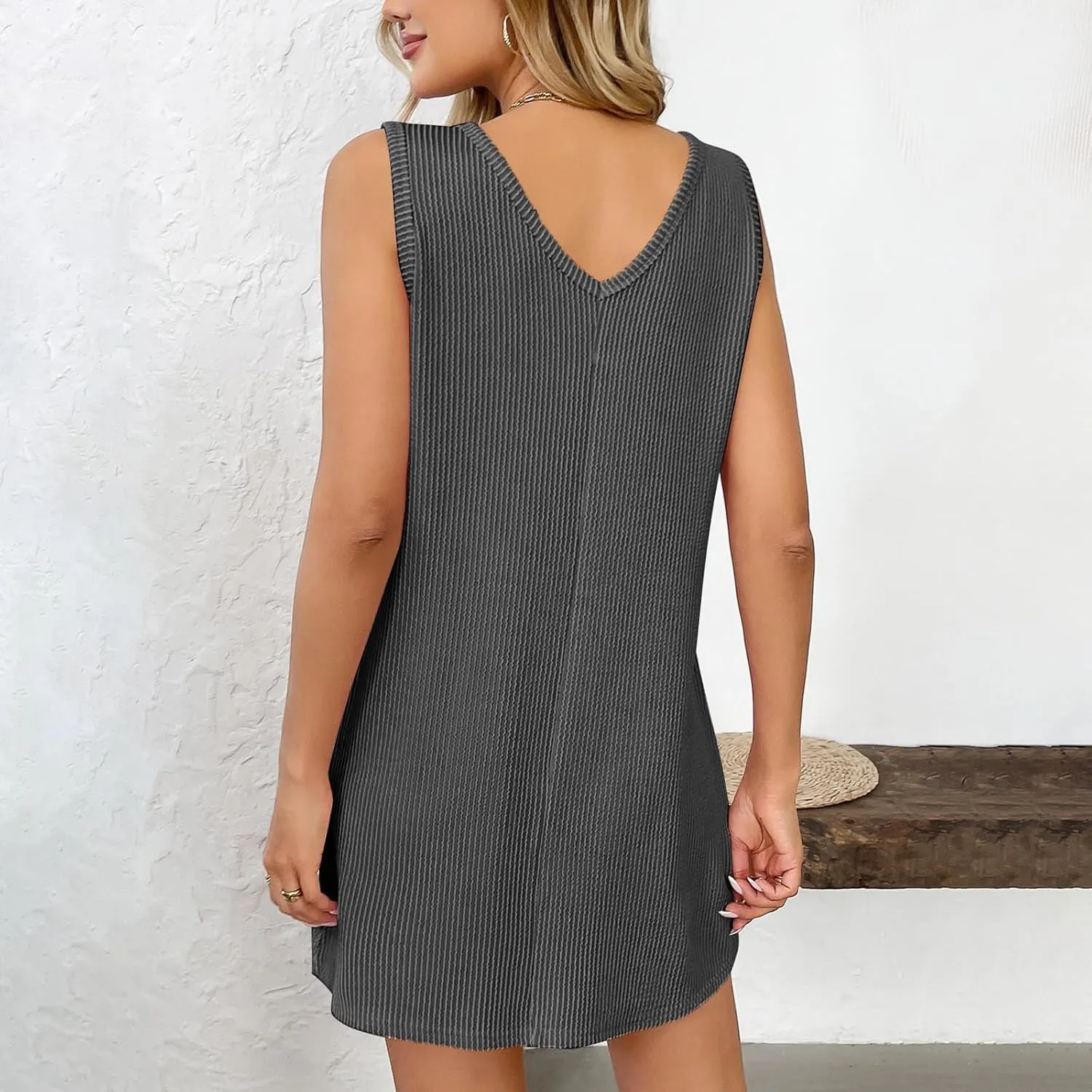 Women's Striped V Neck Basic Short Dress Casual Short Sleeve Dresses Color Block Stretch Knit Mini Dress with Pockets