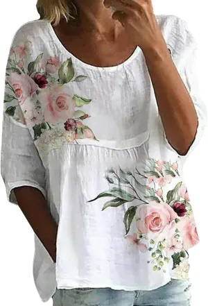 Women's Summer Boho Floral 3/4 Sleeve Tunic Top Flowy Casual Loose Cute Plus Size Pleated Blouse Shirts