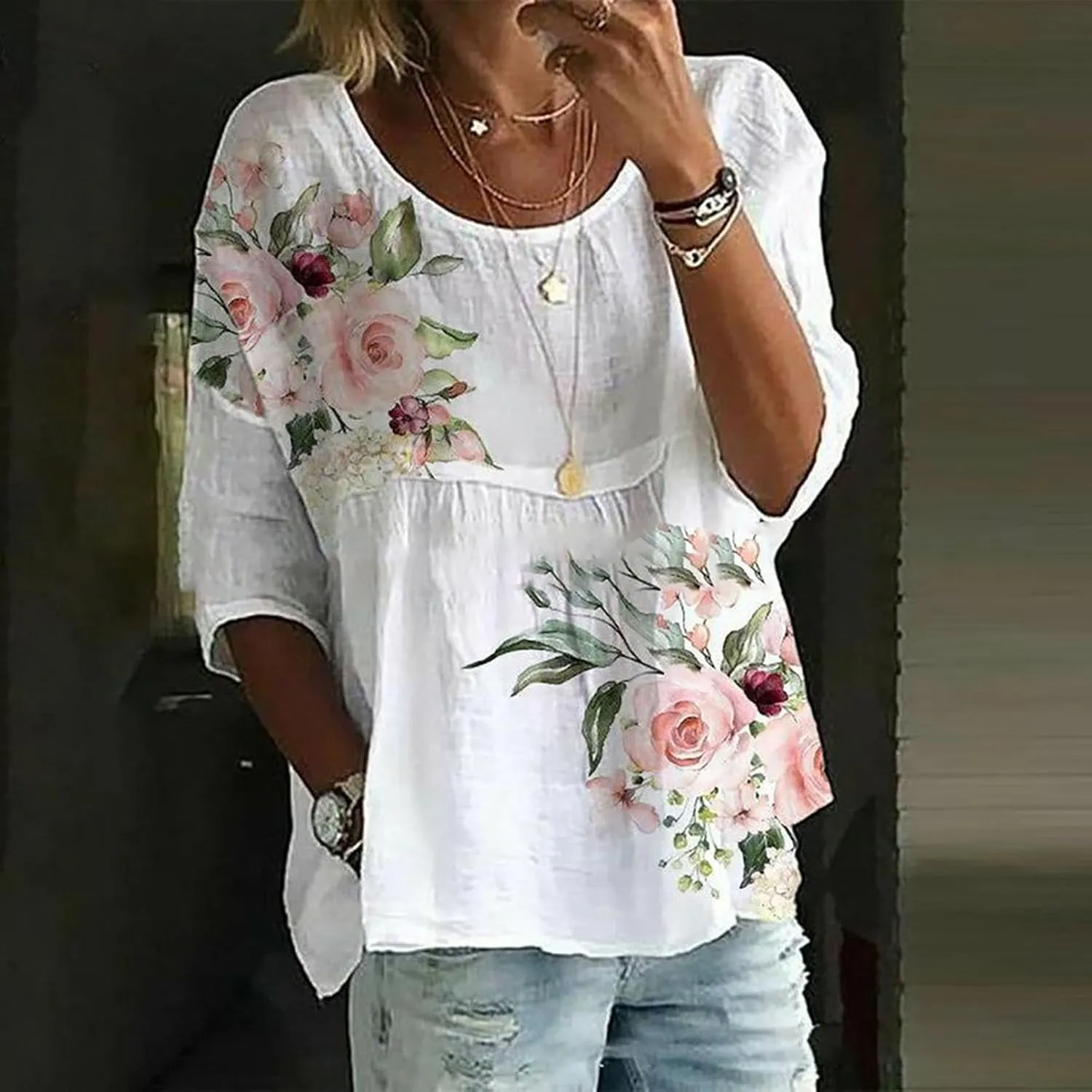 Women's Summer Boho Floral 3/4 Sleeve Tunic Top Flowy Casual Loose Cute Plus Size Pleated Blouse Shirts
