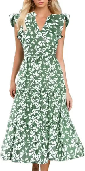 Women's Summer Boho Flowy Midi Dress, Fashion Floral Print Cap Sleeve V-Neck Casual Clothes Ruched High Waist Dresses
