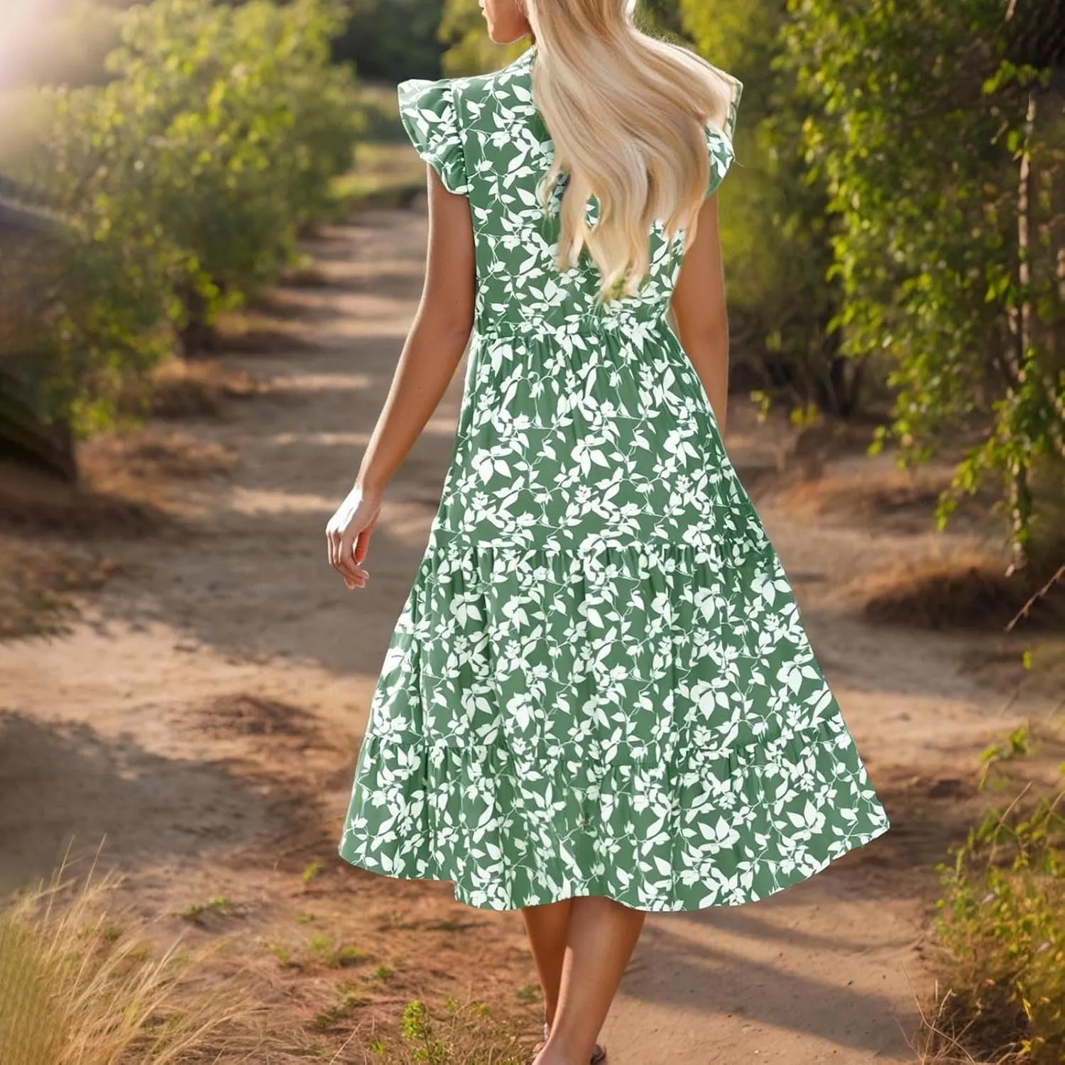 Women's Summer Boho Flowy Midi Dress, Fashion Floral Print Cap Sleeve V-Neck Casual Clothes Ruched High Waist Dresses