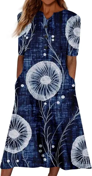 Women's Summer Casual Floral (Gradient) Printed Short Sleeve Dress Fashion