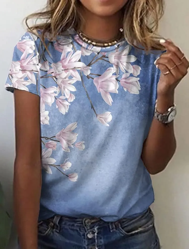 Womens Summer Casual Floral Tops Boho Flower Plant Print T Shirt Short Sleeve Crewneck Landscape Dandelion Tee