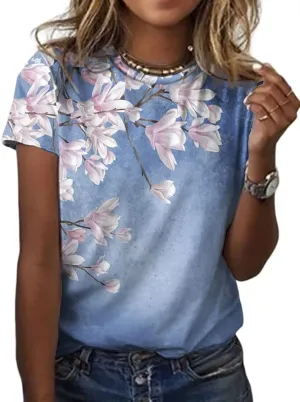 Womens Summer Casual Floral Tops Boho Flower Plant Print T Shirt Short Sleeve Crewneck Landscape Dandelion Tee
