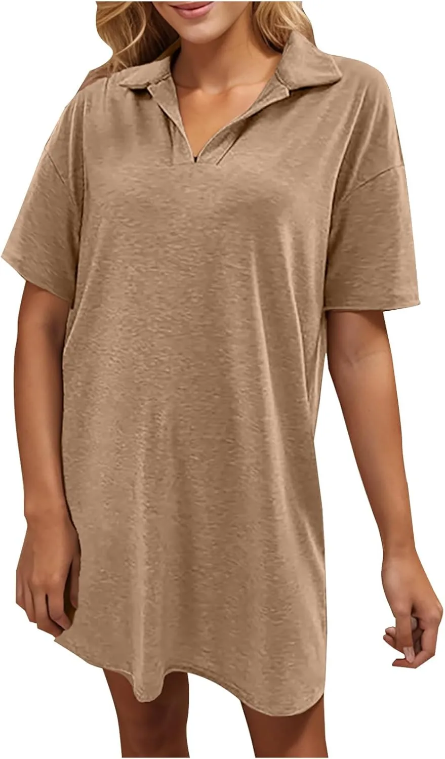 Women's Summer Casual Mini Dress, Solid Color Short Sleeve Lapel Daily Home Clothes Loose Breathable Comfy Dresses