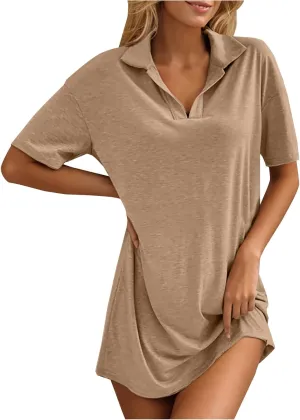 Women's Summer Casual Mini Dress, Solid Color Short Sleeve Lapel Daily Home Clothes Loose Breathable Comfy Dresses