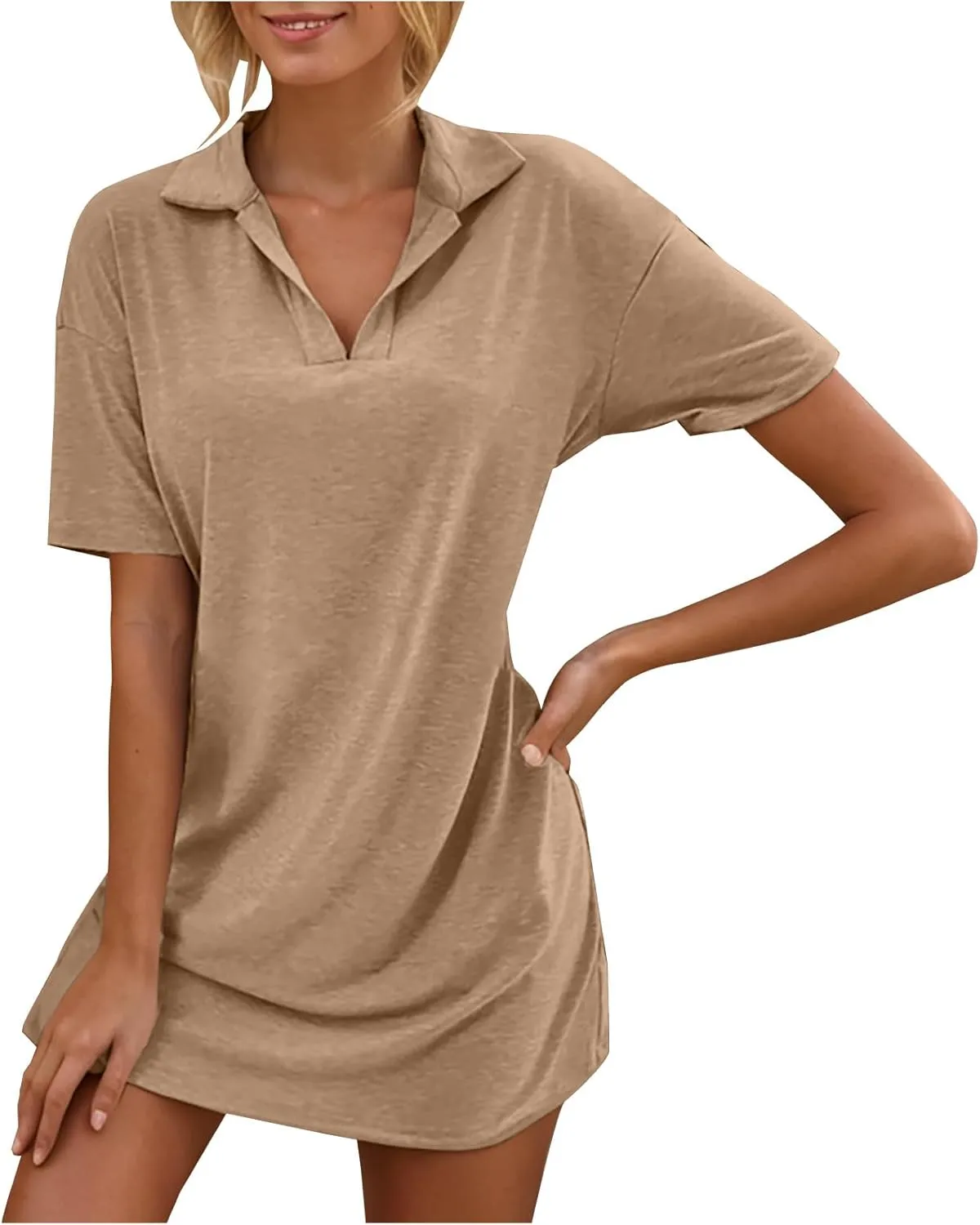 Women's Summer Casual Mini Dress, Solid Color Short Sleeve Lapel Daily Home Clothes Loose Breathable Comfy Dresses