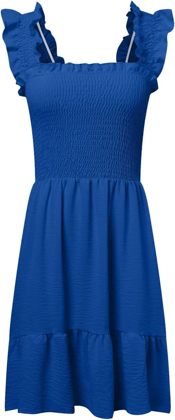 Women's Summer Casual Sleeveless Square Neck Dress Smocked Ruffle Backless Boho Beach Cute Teen Short Sundress 2025