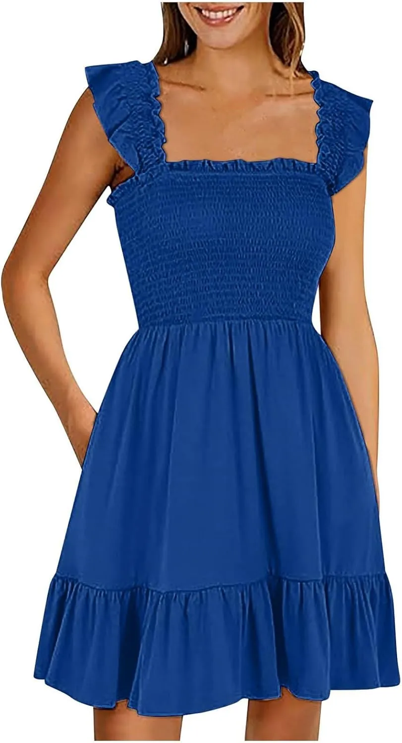Women's Summer Casual Sleeveless Square Neck Dress Smocked Ruffle Backless Boho Beach Cute Teen Short Sundress 2025