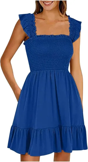 Women's Summer Casual Sleeveless Square Neck Dress Smocked Ruffle Backless Boho Beach Cute Teen Short Sundress 2025