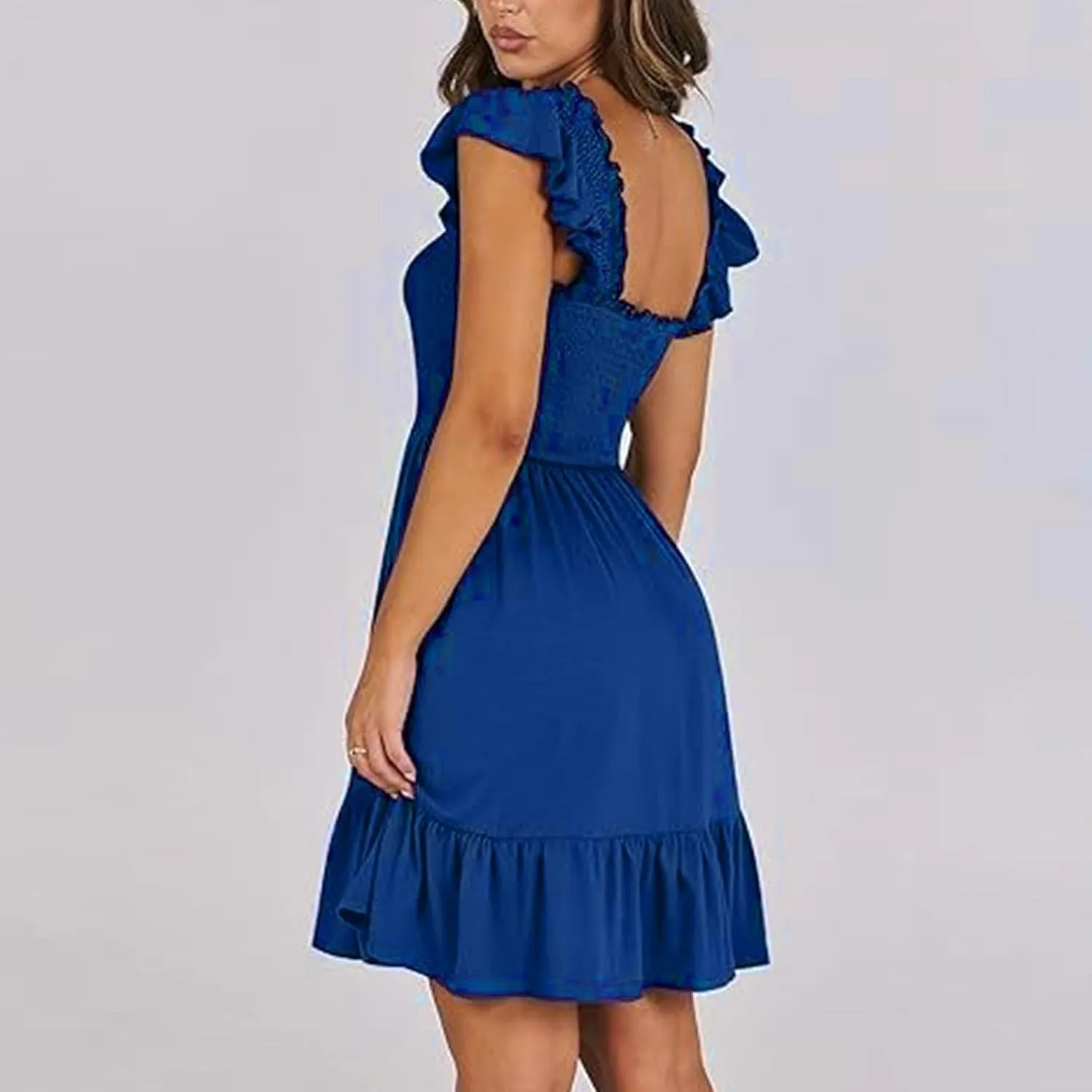 Women's Summer Casual Sleeveless Square Neck Dress Smocked Ruffle Backless Boho Beach Cute Teen Short Sundress 2025