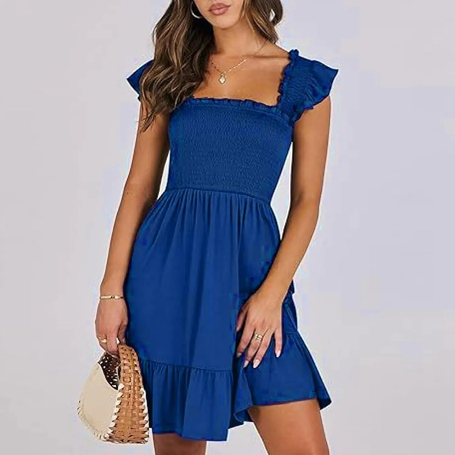 Women's Summer Casual Sleeveless Square Neck Dress Smocked Ruffle Backless Boho Beach Cute Teen Short Sundress 2025