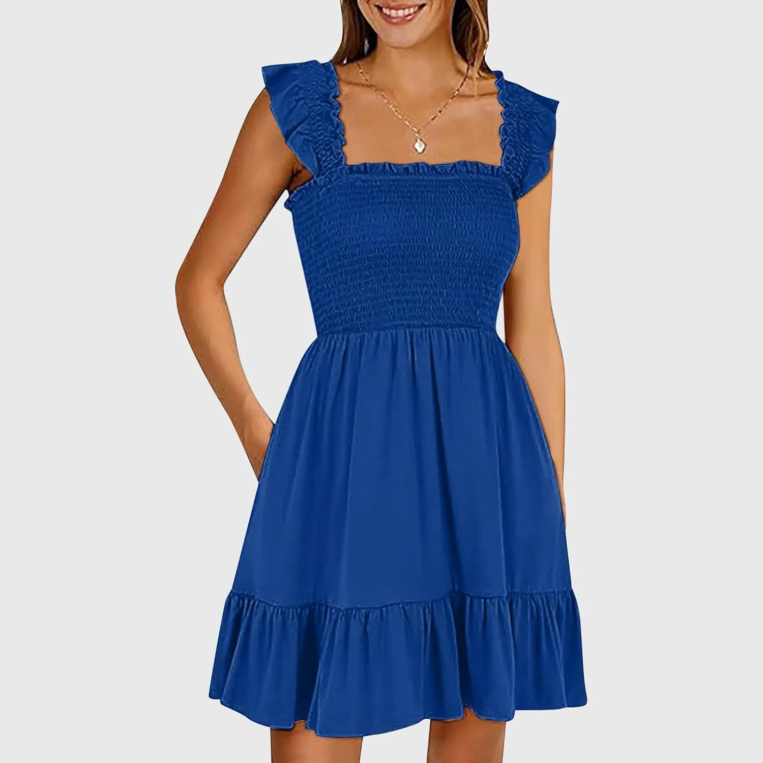 Women's Summer Casual Sleeveless Square Neck Dress Smocked Ruffle Backless Boho Beach Cute Teen Short Sundress 2025
