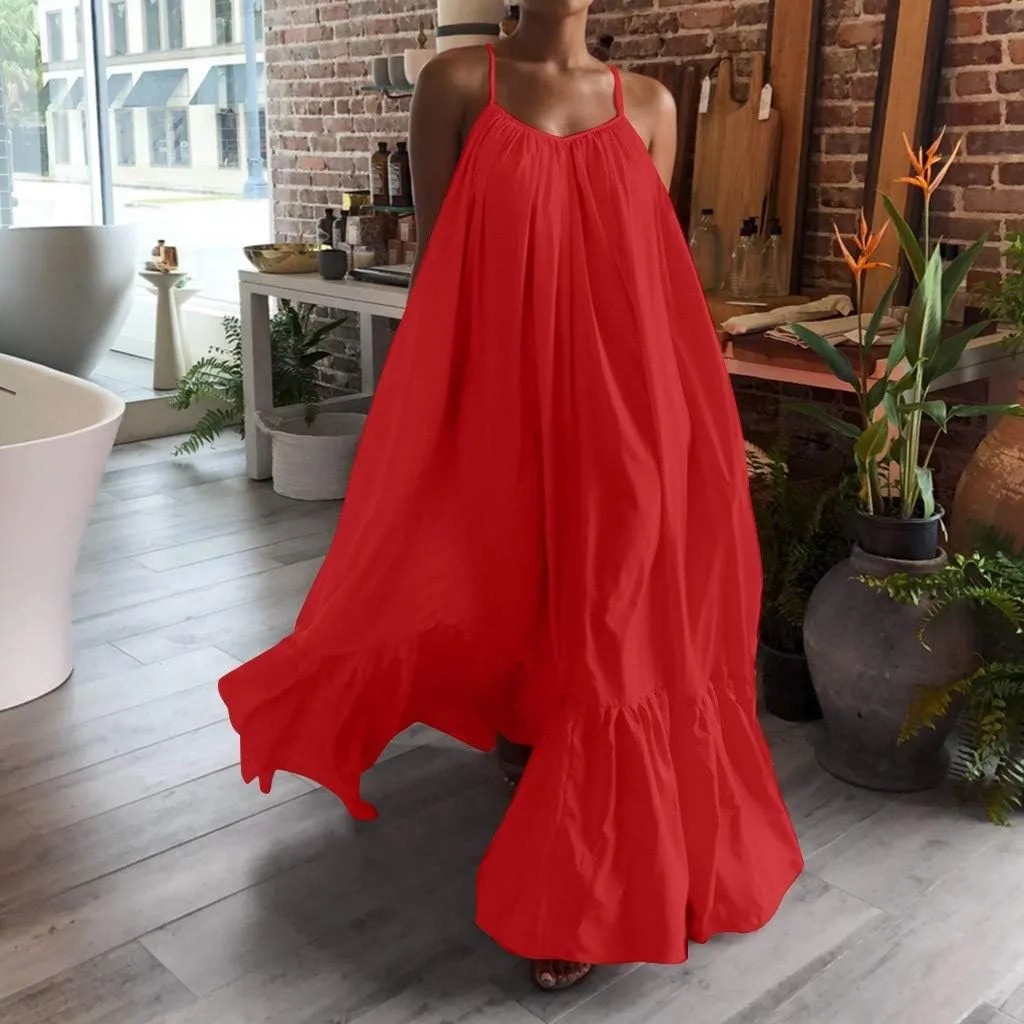 Women's Summer Casual Sleeveless Strappy Backless Maxi Dress Pleated Tiered Flowy Beach Vacation Long Dresses Sundress