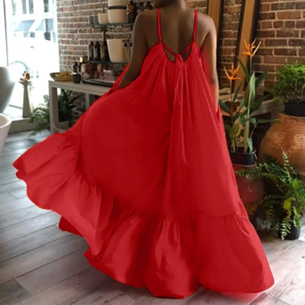 Women's Summer Casual Sleeveless Strappy Backless Maxi Dress Pleated Tiered Flowy Beach Vacation Long Dresses Sundress