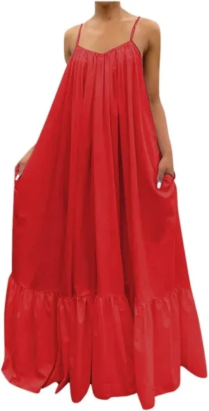 Women's Summer Casual Sleeveless Strappy Backless Maxi Dress Pleated Tiered Flowy Beach Vacation Long Dresses Sundress