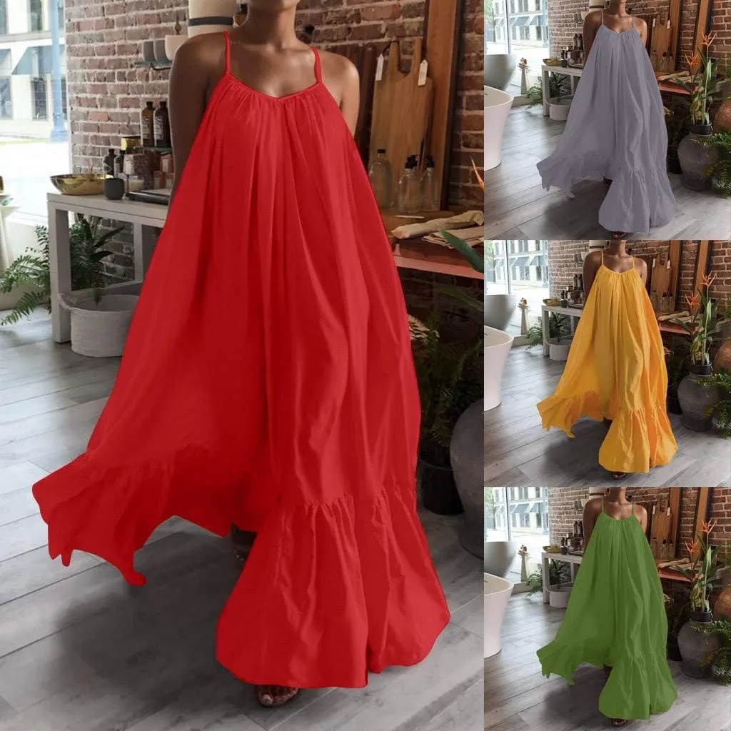 Women's Summer Casual Sleeveless Strappy Backless Maxi Dress Pleated Tiered Flowy Beach Vacation Long Dresses Sundress