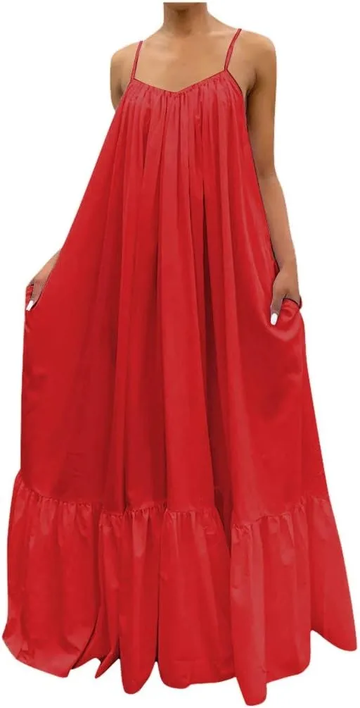 Women's Summer Casual Sleeveless Strappy Backless Maxi Dress Pleated Tiered Flowy Beach Vacation Long Dresses Sundress