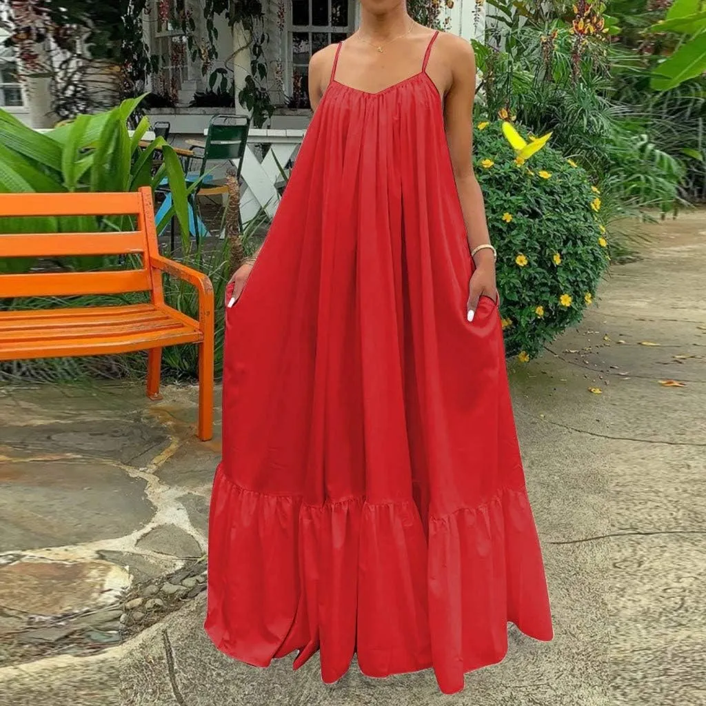 Women's Summer Casual Sleeveless Strappy Backless Maxi Dress Pleated Tiered Flowy Beach Vacation Long Dresses Sundress