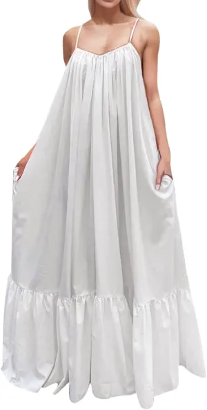 Women's Summer Casual Sleeveless Strappy Backless Maxi Dress Pleated Tiered Flowy Beach Vacation Long Dresses Sundress