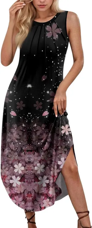 Womens Summer Dresses Prited Sleeveless Maxi Long Dress Loose Beach Sundresses Casual Tshirt Tank Dresses with Pockets